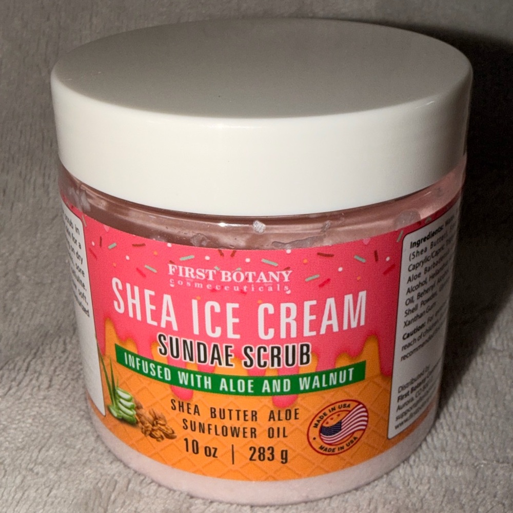 New sealed First Botany Shea Ice Cream Sunday Scrub aloe and walnut 10 ounce